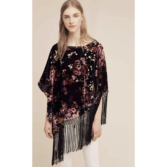 SAACHI Sweaters - Saachi Anthropologie Womens Floral Velvet Fringe Poncho Top Boho Asymmetrical OS